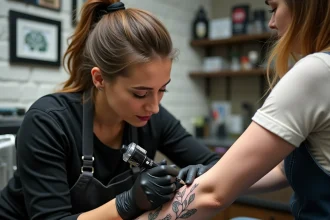 Tatoueuse professionnelle appliquant un tatouage fin sur une peau sensible dans un salon de tatouage moderne à Toulouse