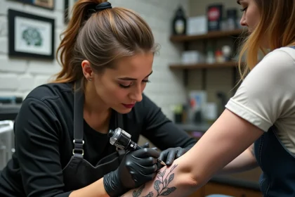 Tatoueuse professionnelle appliquant un tatouage fin sur une peau sensible dans un salon de tatouage moderne à Toulouse