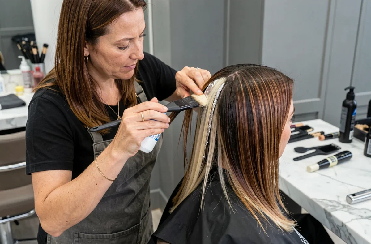Coloriste appliquant la technique du balayage blond sur cheveux châtain en salon, processus de coloration professionnelle en détail