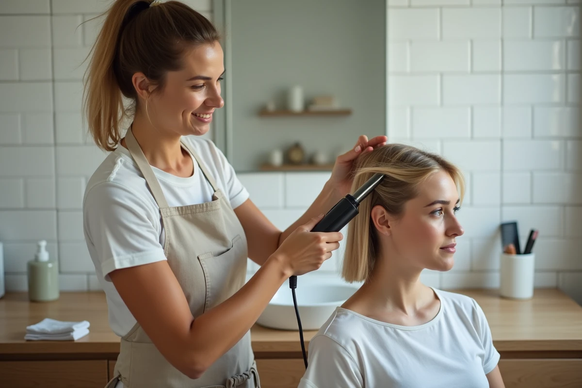Coiffeuse réalisant une mini vague sur cheveux fins courts avec un fer à boucles chez soi