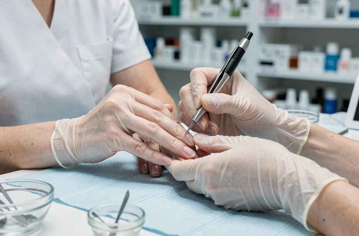 Technicienne en ongles réalisant un pinchage sur un ongle naturel avec un outil professionnel