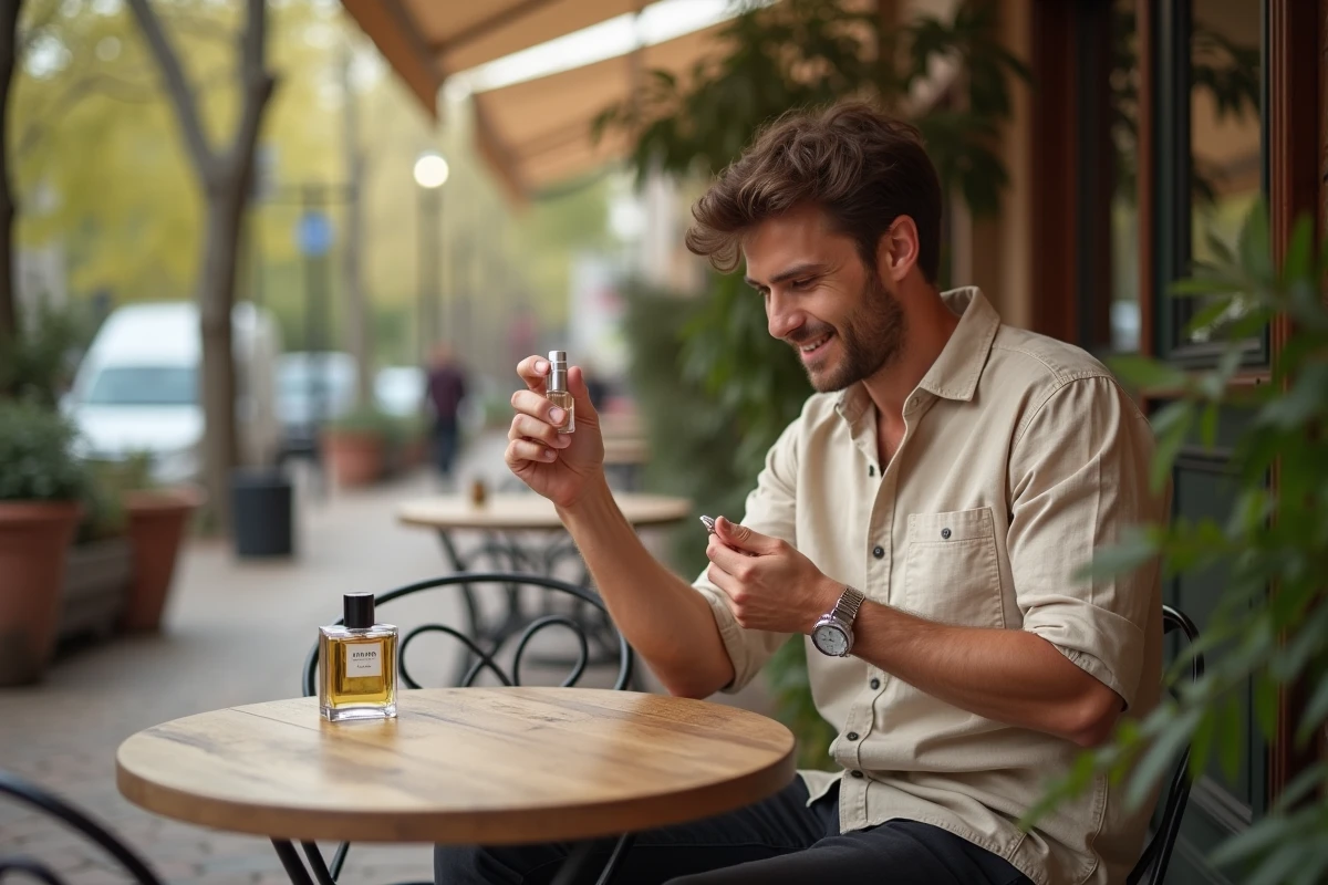 Homme testant un parfum Lidl sur son poignet en terrasse de café en ville