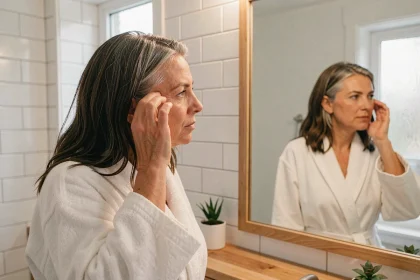 Femme de 47 ans observant sa repousse de cheveux gris naturels dans un miroir de salle de bain