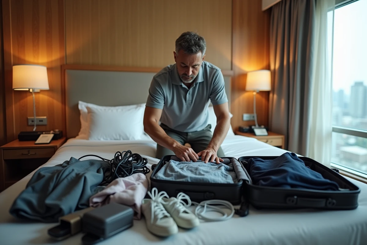 Homme déballant une valise désorganisée dans une chambre d'hôtel, illustrant les erreurs d'organisation de bagage en voyage