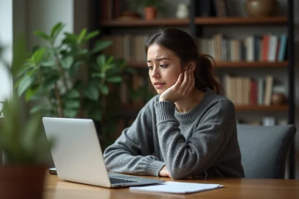 Jeune femme pensive devant un ordinateur portable, illustrant les questions de vie privée et de consentement numérique sur les réseaux sociaux
