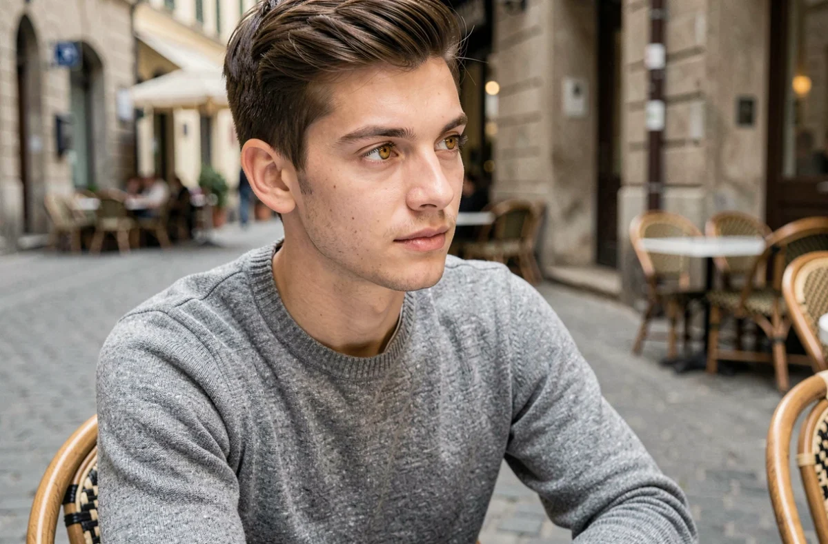 Portrait d'un jeune homme aux yeux jaune-noisette assis en terrasse, mettant en valeur les tons ambrés rares de ses iris